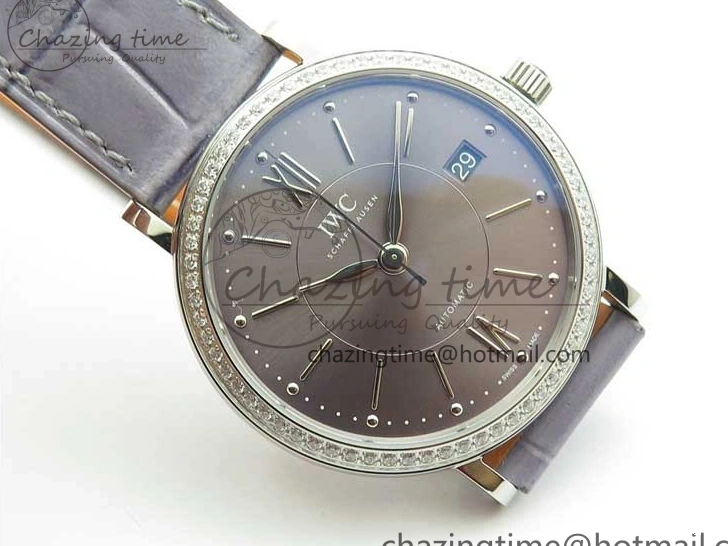 MIROTIME 0510 Attractive Portofino 37mm SS V7F 1:1 Best Edition Gray Dial Diamonds Bezel on Gray Leather Strap A 7091